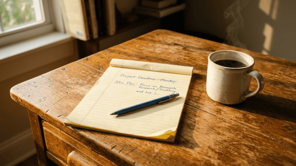 Before You Call It a Job Backup Plan, Make Sure It's Real 4 Yellow legal pad on a wooden desk with a coffee mug, one line crossed out and rewritten, representing how to avoid remote job scams after 50 while building a backup plan